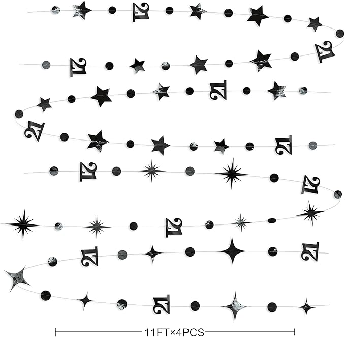 Black Number 21 Circle Dot Twinkle Star Garland Metallic Hanging Streamer Bunting Banner Backdrop Decoration for Girls Boys 21st Birthday Finally Legal Twenty One Anniversary Wedding Party Supplies