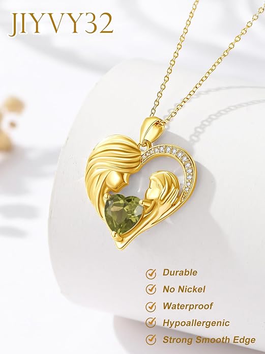 Mother and Daughter/Son Love Heart Necklace White Gold/14K Gold/Rose Gold Birthstone Jewelry Christmas Mothers Day Birthday Gifts For Mom Wife Grandma Women