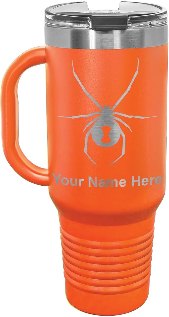 LaserGram 40oz Vacuum Insulated Travel Mug with Handle, Black Widow Spider, Personalized Engraving Included (Orange)