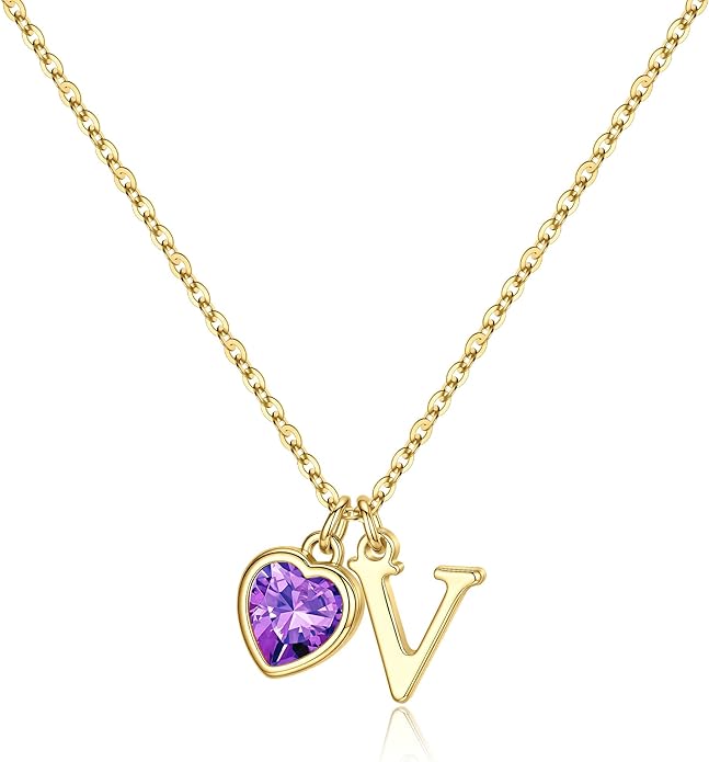 Turandoss Valentines Day Gifts for Her Trendy, Dainty 14K Gold Plated Initial A-Z Heart Birthstone Pendant Necklace Personalized Bridesmaid Birthday Valentines Jewelry Gifts for Women Girls