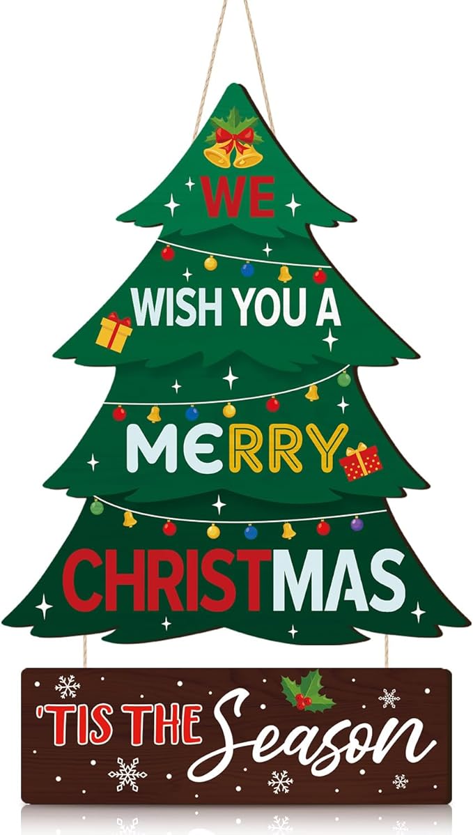 CHDITB Merry Christmas Tree Wooden Sign, We Wish You A Merry Christmas Wood Hanging Plaque, Holiday Xmas Front Door Sign, Rustic Festive Wall Hanger Xmas Wall Decor for Outdoor Porch Yard Home Decor