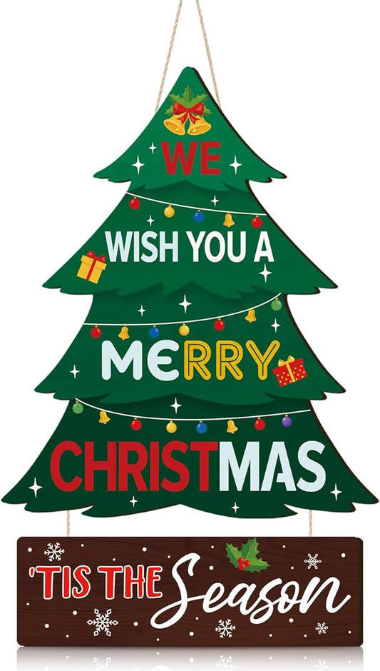 CHDITB Merry Christmas Tree Wooden Sign, We Wish You A Merry Christmas Wood Hanging Plaque, Holiday Xmas Front Door Sign, Rustic Festive Wall Hanger Xmas Wall Decor for Outdoor Porch Yard Home Decor