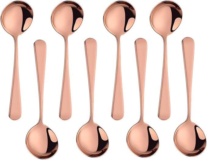 Buyer Star 8 Pieces Stainless Steel Round Soup Spoon, 6.6 Inch Mirror Polished Spoon Cutlery, Dishwasher Safe (Rose Gold)