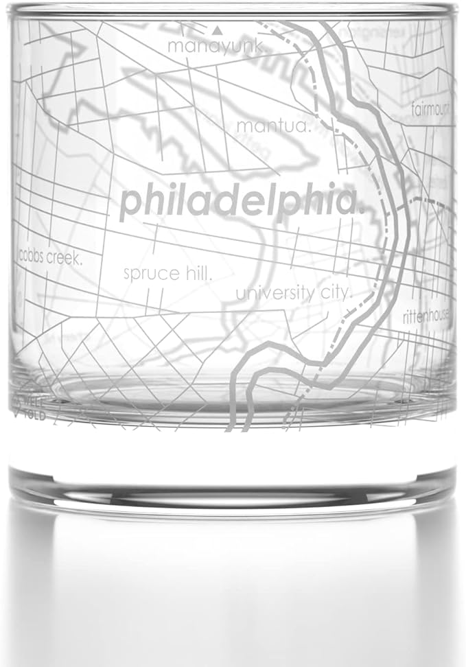 Well Told Engraved Philadelphia Pennsylvania Map Rocks Glass, Old Fashioned Whiskey Glass (11 oz, Clear) Etched Whiskey Glass, Gifts For Whiskey Lovers