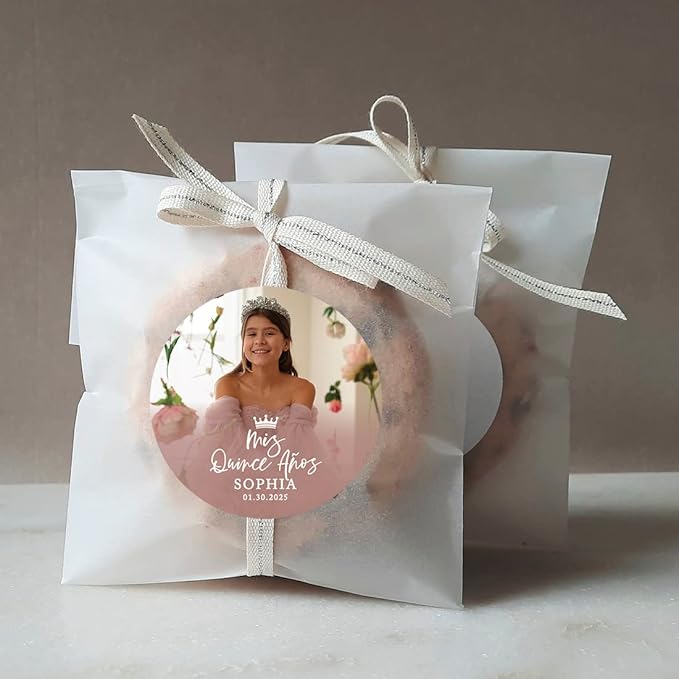 Andaz Press 40-Pack Personalized 2" Round Circle Quinceañera Labels, Mis Quince Años Sticker Labels with Custom Photo for Quince Favors Invitations XV, 15th Birthday, Quinceanera Decorations