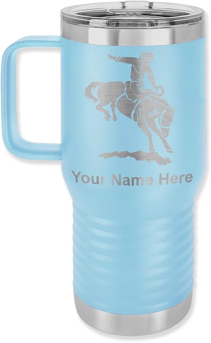 LaserGram 20oz Vacuum Insulated Travel Mug with Handle, Bronco Rider, Personalized Engraving Included (Light Blue)