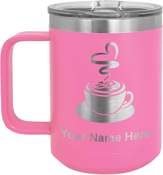 LaserGram 15oz Vacuum Insulated Coffee Mug, Cup of Coffee, Personalized Engraving Included (Pink)