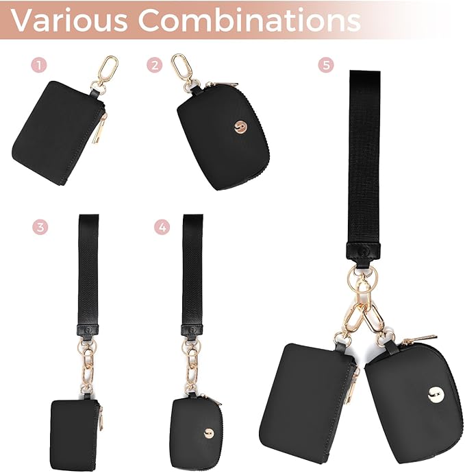 Dual Pouch Wristlet Keychain Wallets for Women with 2 Detachable Zipper Coin Purse - Small and Portable Mini Card Wallet for Women Men Gold Hardware Black+Black