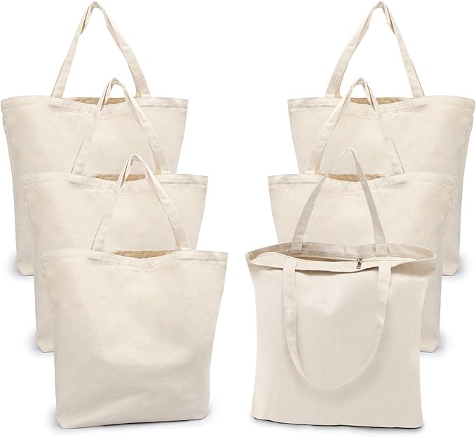 Segarty Canvas Tote Bag with Zipper, 6 PACK 19.7 x 15.7 inch Bags with Handles, 12 Oz Thick Reusable Plain Washable Grocery Shopping Totes for Teacher DIY Art Crafts Painting Decoration