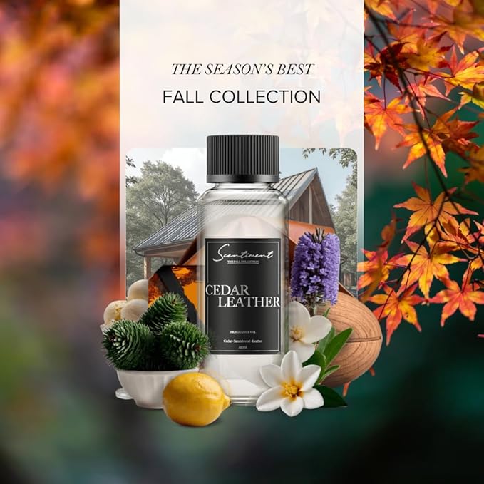 Scentiment Diffuser Oil - Cedar Leather Fall Collection | Aromatherapy Home Fragrance | Luxurious Scent with Lemon, Jasmine Sandalwood, Amber, Lavender, Vanilla, & Musk (50ml)