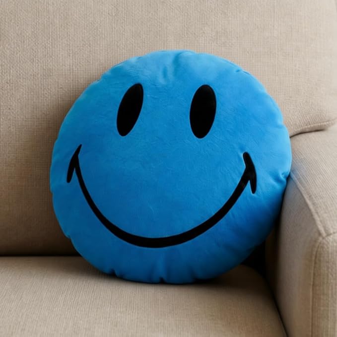 Smiley Face Pillow - Cute Plush for Fun Bedroom Decor - 16" X 16" Soft Cotton Cool Kids' Throw Pillows with Inserts Included - Birthday Gift - Room Decor Aesthetic for Bedroom. (Blue)