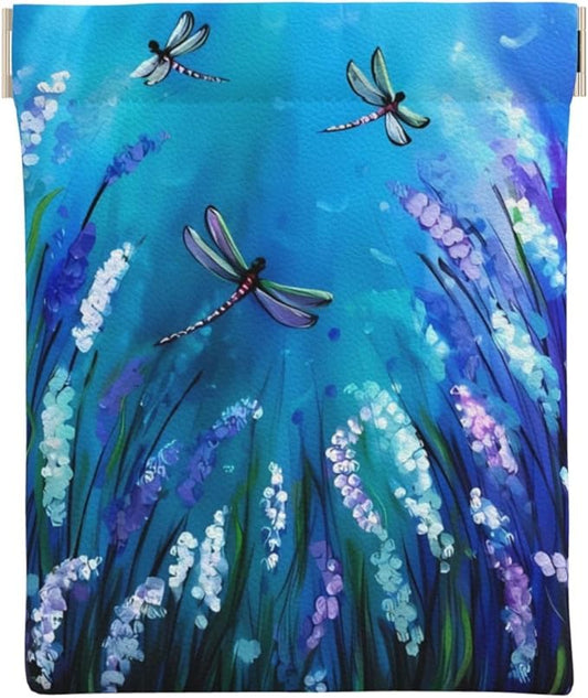 Coin Purse Purple flowers and cute dragonfly Leather Squeeze Coin Purse Mini Pouch Change Wallet Bag Gifts for Women Kids Girls Key Holder