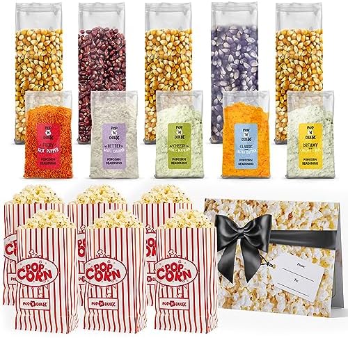 Pop n' Dulge Popcorn Movie Night Supplies 16 pcs Gift Set, 5 Gourmet Popcorn Kernels, 5 Seasoning Variety Packs Non-GMO Kosher Snacks, Great Housewarming Family Date Night Gifts Basket Ideas For Him Her - Image 4