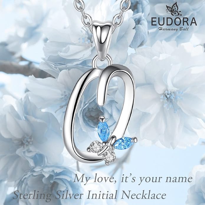 EUDORA Sterling Silver Butterfly Initial Necklaces for Women, Elegant Letter Neckles Personalized Gift for Mother, Sister, Daughter, 18 inch Chai