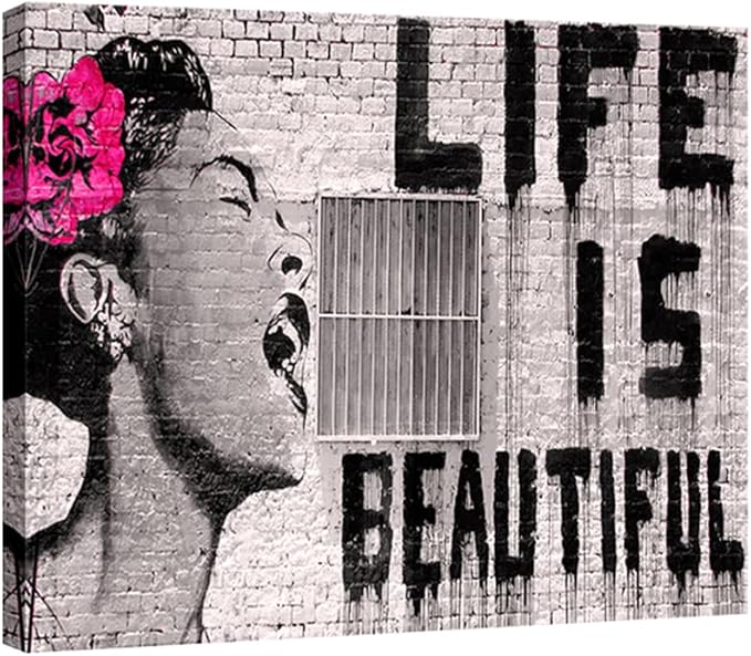 Wieco Art Abstract Giclee Canvas Prints Wall Art Ready to Hang for Kitchen Home Office Decor Banksy Life is Beautiful Large Modern Stretched and Framed Grey Impressionist Pictures Paintings Artwork