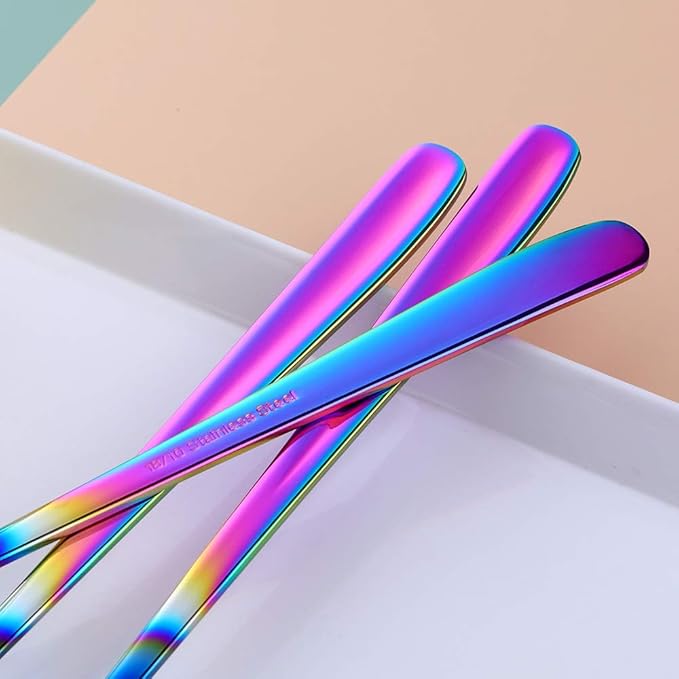 Buyer Star Long Handle Iced Tea Spoons Set of 6, 8 inch 18/10 Heavy Duty Coffee Spoon Sets for Mixing, Cocktail Stirring, Tea, Coffee, Milkshake, Cold Drink (Gradient Rainbow)