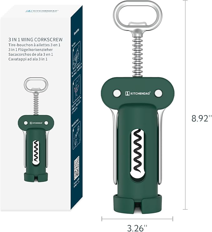 KITCHENDAO 3 in 1 Wing Corkscrew Wine Bottle Opener with Foil Cutter, Built-in Beer Bottle Opener, Multifunctional Wine Opener with Non-Stick Sharp Screw, Easy to Use, Manual Wine Corkscrew, Green