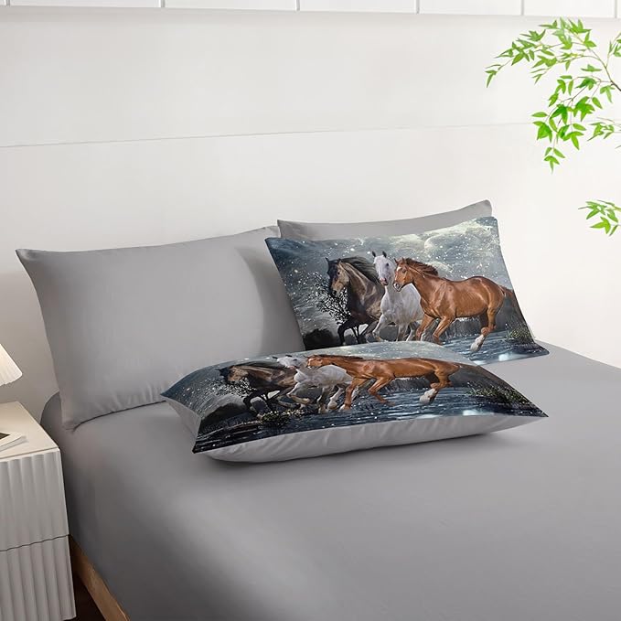7Pcs Comforter Set 3D Western Horses Printed Bedding Set with 1 Comforter, 1 Flat Sheet, 1 Fitted Sheet and 4 Pillowcases for Boys and Girls Bedroom All Season(Horses Full)