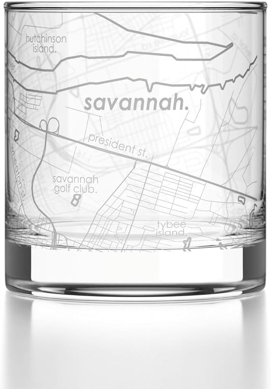 Well Told Engraved Savannah Georgia Map Rocks Glass, Old Fashioned Glassware (11 oz, Clear) Etched Bourbon Tumbler, Gifts For Whiskey Lovers
