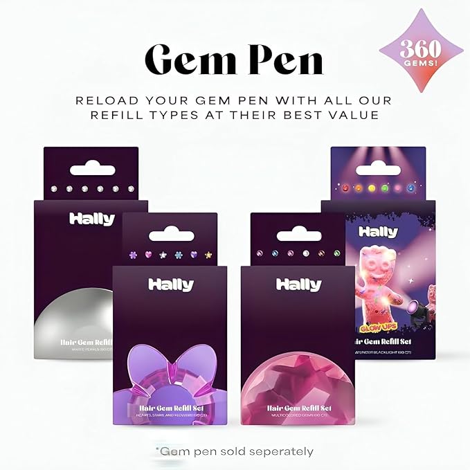 Hally Hair 360 Refill for Hair Gems - Multicolored Adhesive Jewels Only (No Stamper) – Hearts, Stars, Flowers, Pearls – Blacklight Glow – Hair Accessories for Girls & Teens