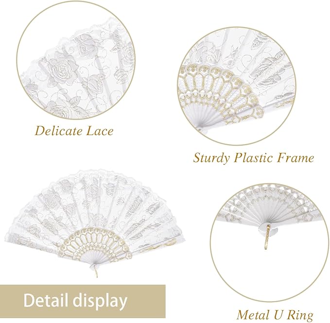 QIRMIZI 30pcs Silk Folding Hand Fans,Silk Fans,White Rose Fans,Perfect for Weddings, Parties, and Dancing,White