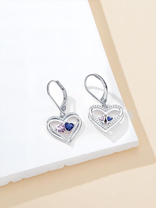 Heart Leverback Earrings Double Birthstone Dangle Earrings for Women, Love Jewelry for Her, Christmas Gifts for Women, Anniversary Birthday Gift for Mom Wife Girlfriend