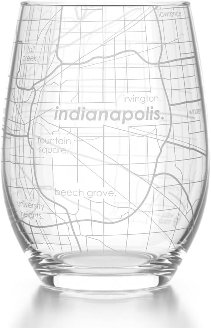 Well Told Engraved Indianapolis Indiana Map Stemless Wine Glass, Etched Glass (15 oz, Clear) City Custom Gifts for Lovers