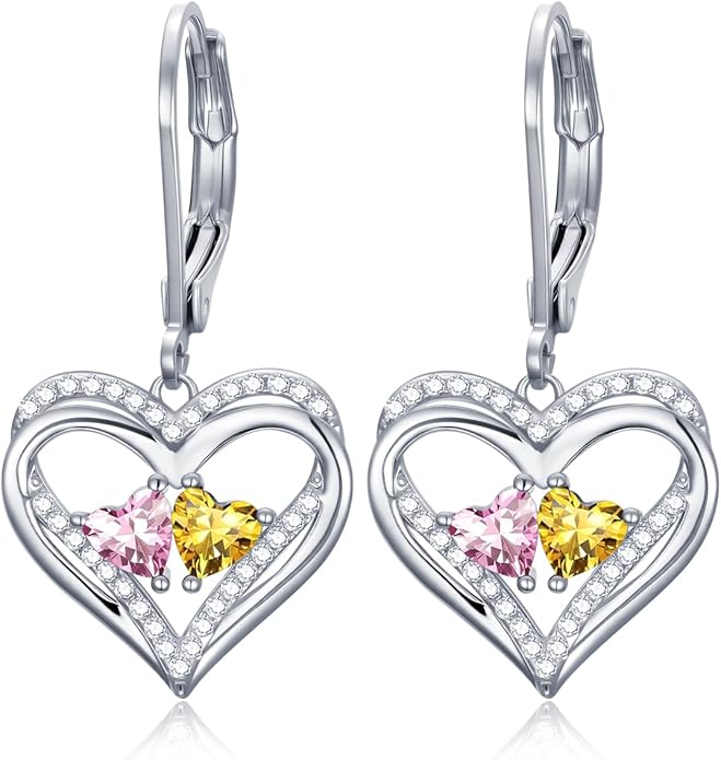 Heart Leverback Earrings Double Birthstone Dangle Earrings for Women, Love Jewelry for Her, Christmas Gifts for Women, Anniversary Birthday Gift for Mom Wife Girlfriend