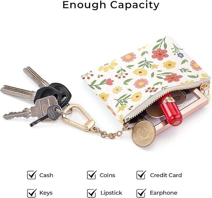 Multicolor Floral Keychain Coin Purse for Women, Small PU Leather Change Pouch, Zipper Little Tiny Travel Wallet for Girls, Cute Kawaii Zip Pocket Coin Holder with Key Ring