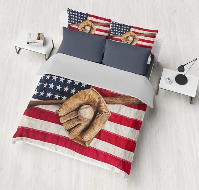 Baseball Bedding Sets for Boys - Sports Theme American Flag Comforter Set Twin Size, Durable Kids Sports Decor with Team Spirit Design (Includes Comforter & Pillowcases)