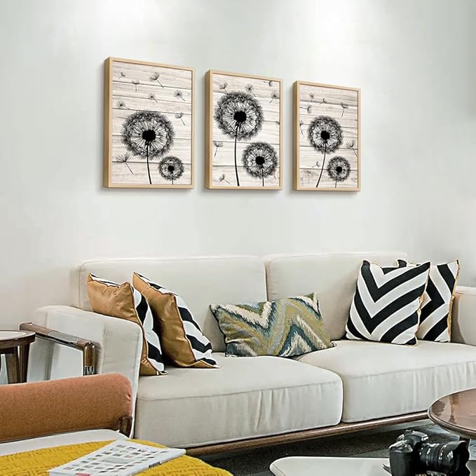 Framed Wall Art For Bedroom Wall Decor For Living Room Fashion Abstract Paintings Office Decor Black Dandelion Flowers Hang a Pictures Artwork Kitchen Home Decoration 3 Piece (Natural Wood Framed)
