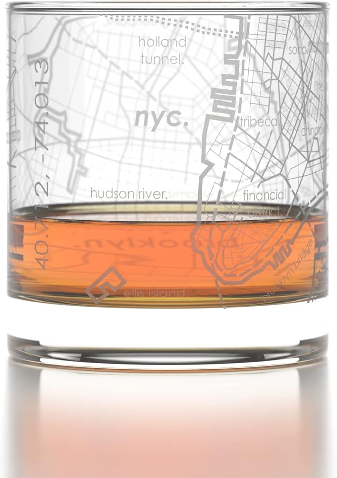 Well Told Engraved New York City Map Rocks Glass, Old Fashioned Whiskey Glass (11 oz, Clear) Etched Whiskey Glass, Gifts For Whiskey Lovers