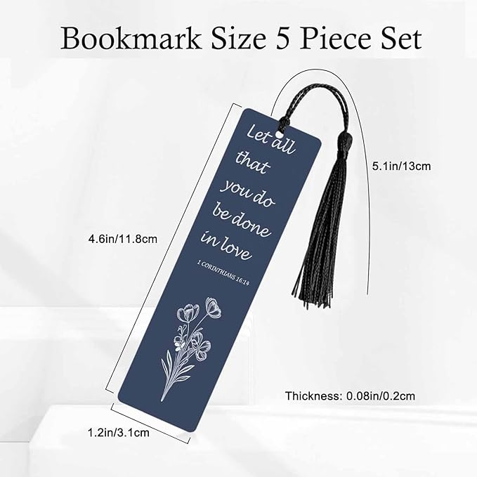 Flower Love 5 Pcs Bookmarks Bible Verses Dark Blue Wooden Bookmarks with Tassel for Students Reader Teachers Book Lovers