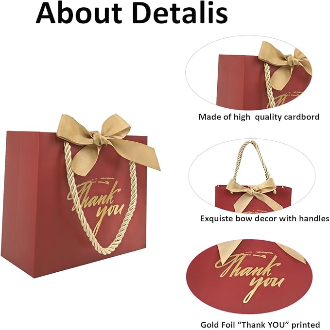 TKSBAG 100 Pack Small Thank You Gift Bags with Handles, 5.5''x 2.5''x4.7'' Mini Red Gift Bags Bulk for Baby Shower, Birthday, Wedding, Party Favors