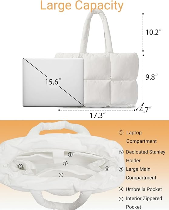 Herald Puffer Tote Bag for Women, Large Quilted Puffy Handbag Lightweight Satchel Purse with Cup Holder & Compartment