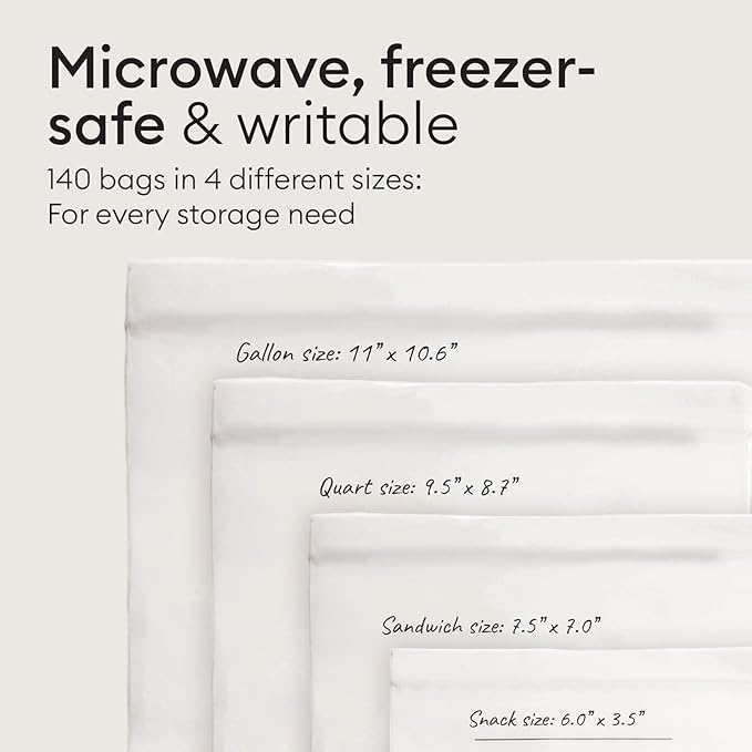 Vove Compostable Storage Bag Bundle, 140 Count Multi-Size S/M/L/XL – Freezer Safe, Resealable, Non Toxic Bags for Food, Meal Prep & Snacks, Plastic-Free Eco Bags