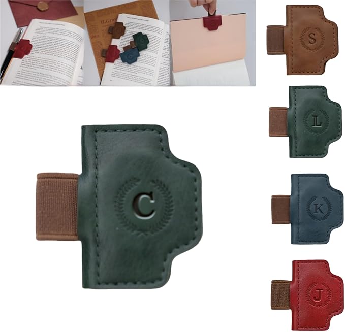 Personalized Magnetic Bygone Mark Bookmark with Pen Holder, 26 Letters Name Initial Custom Leather Book Mark for Women, Gifts for Book Lovers and Readers (Green,C)