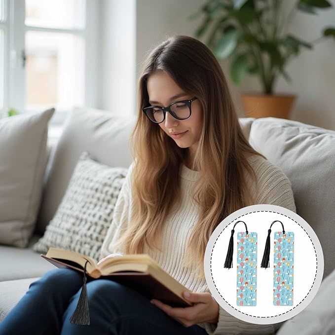 Hot Air Balloons 5 Pcs Bookmarks Colorful Festival Blue Sky White Clouds Wooden Bookmarks with Tassel for Students Reader Teachers Book Lovers