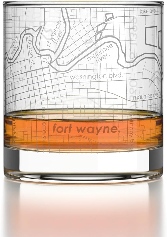 Well Told Engraved Fort Wayne Indiana Map Rocks Glass, Old Fashioned Glassware (11 oz, Clear) Etched Bourbon Tumbler, Gifts For Whiskey Lovers