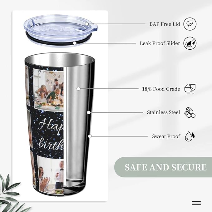 Personalized Custom tumbler Coffee Mug with Lid and Straw Hot and Cold Stainless Steel Vacuum Insulated Travel Mug with Photo Personalized tumbler Gift (20 oz, Funnel, 8 photos)