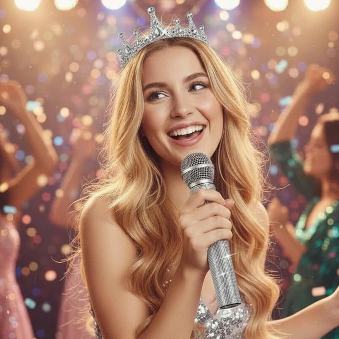 Bling Fake Microphone Prop and Crystal Tiara – Sparkly Rhinestone Toy Mic & Crown Girls Cosplay, Princess Dress Up