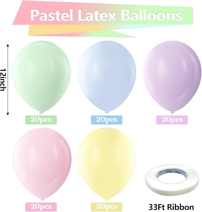 Bezente Pastel Balloons Latex Party Balloons, 100 Pack 12 inch Round Helium Multicolor Macaron Balloons for Birthday Rainbow Party Bridal Shower Wedding Decorations
