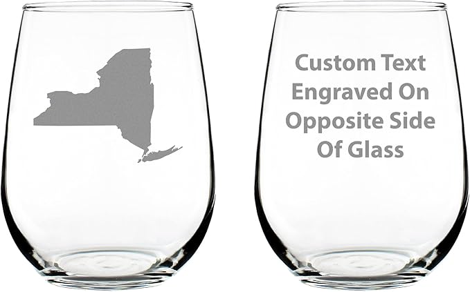 Custom New York State Outline Personalized Stemless Wine Glass - State Themed Drinking Decor and Gifts for New Yorker Women & Men - Large 17 Oz Glasses - Customized Wine Glass Gift