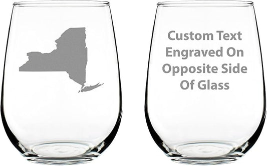 Custom New York State Outline Personalized Stemless Wine Glass - State Themed Drinking Decor and Gifts for New Yorker Women & Men - Large 17 Oz Glasses - Customized Wine Glass Gift
