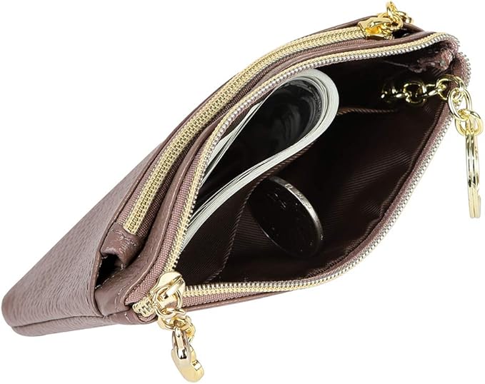Women's Genuine Leather Coin Purse Zipper Pocket Size Pouch Change Wallet, Grey Purple