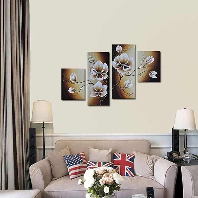 Wieco Art 100% Hand-painted Abstract Floral Oil Painting on Canvas Warm Day Yellow Flowers Bloom Ready to Hang for Living Room Bedroom Home Decorations 4pcs/set