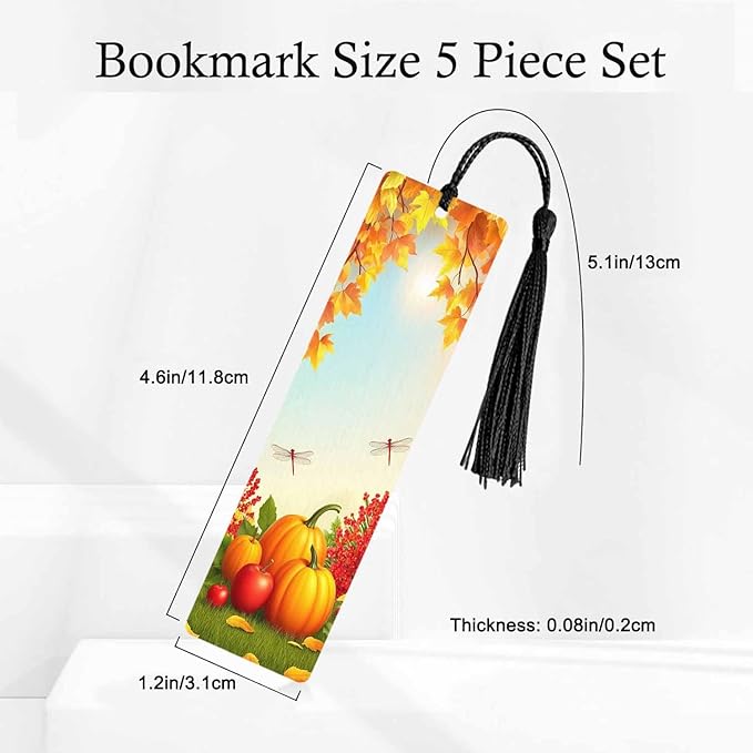 Thanksgiving Bookmarks 5 Pcs Autumn Pumpkin Fruit Maple Leaves Wooden Bookmark with Tassels for Reading Book Lovers Gift Office School Readers Teacher