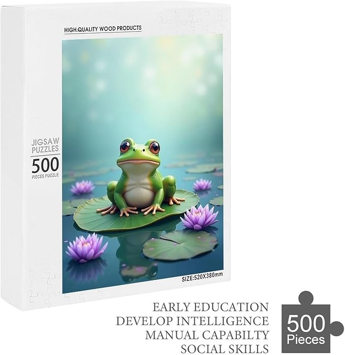 Puzzles for Adults 500 Pieces Wooden Jigsaw Puzzle - Lotus Pond Frog Theme Puzzle，Party Games，Family Toys，Educational Puzzles，Stress Relief Wooden Puzzle，Gifts for Family，Colleagues and Friends