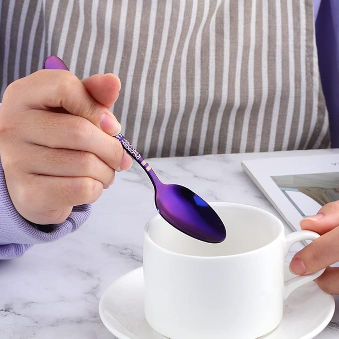 Purple Unique Pattern Design Coffee Espresso Spoons Mini, Mingcheng Stainless Steel Small Teaspoons Silverware Set of 6, BISDARUN 5.5 Inches Food Spoons for Demitasse Dessert Tea