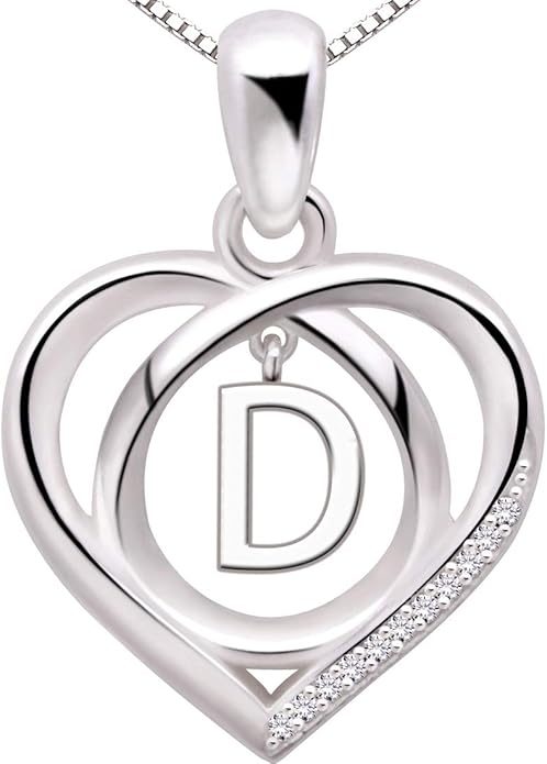 ALOV Jewelry Sterling Silver Initial Letter Alphabet Love Heart Cubic Zirconia Pendant Necklace
